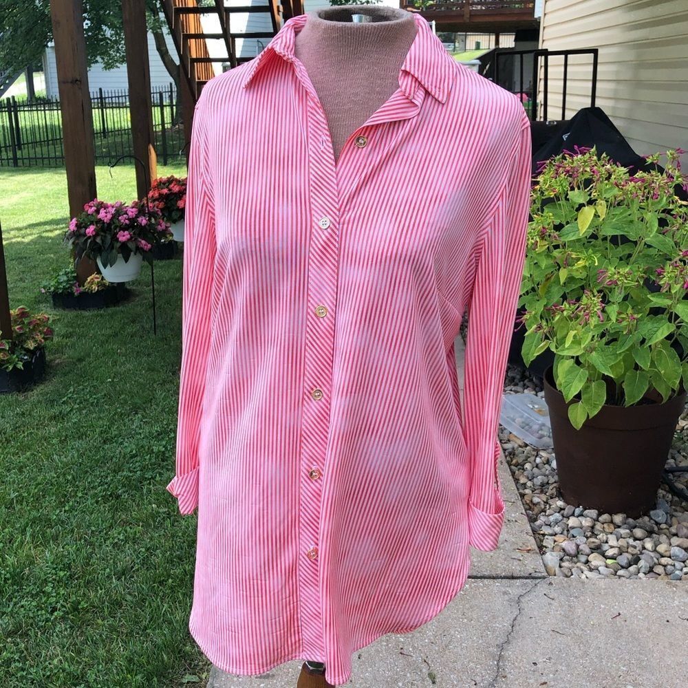 NYGARD orange & red pin striped button down blouse